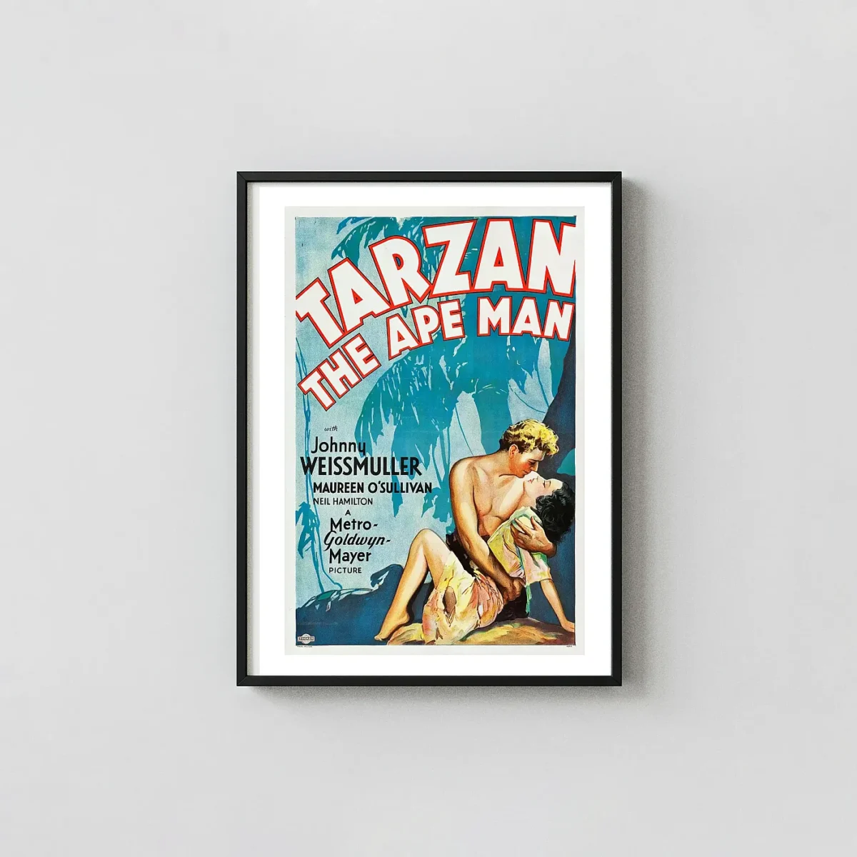 Tarzan the Ape Man 1932 Poster — Vintage MGM Johnny Weissmuller Classic Movie Wall Action & Adventure Movie Posters xe2x80x93 Portrait Frame Wall Art Mockup | MerchFuse