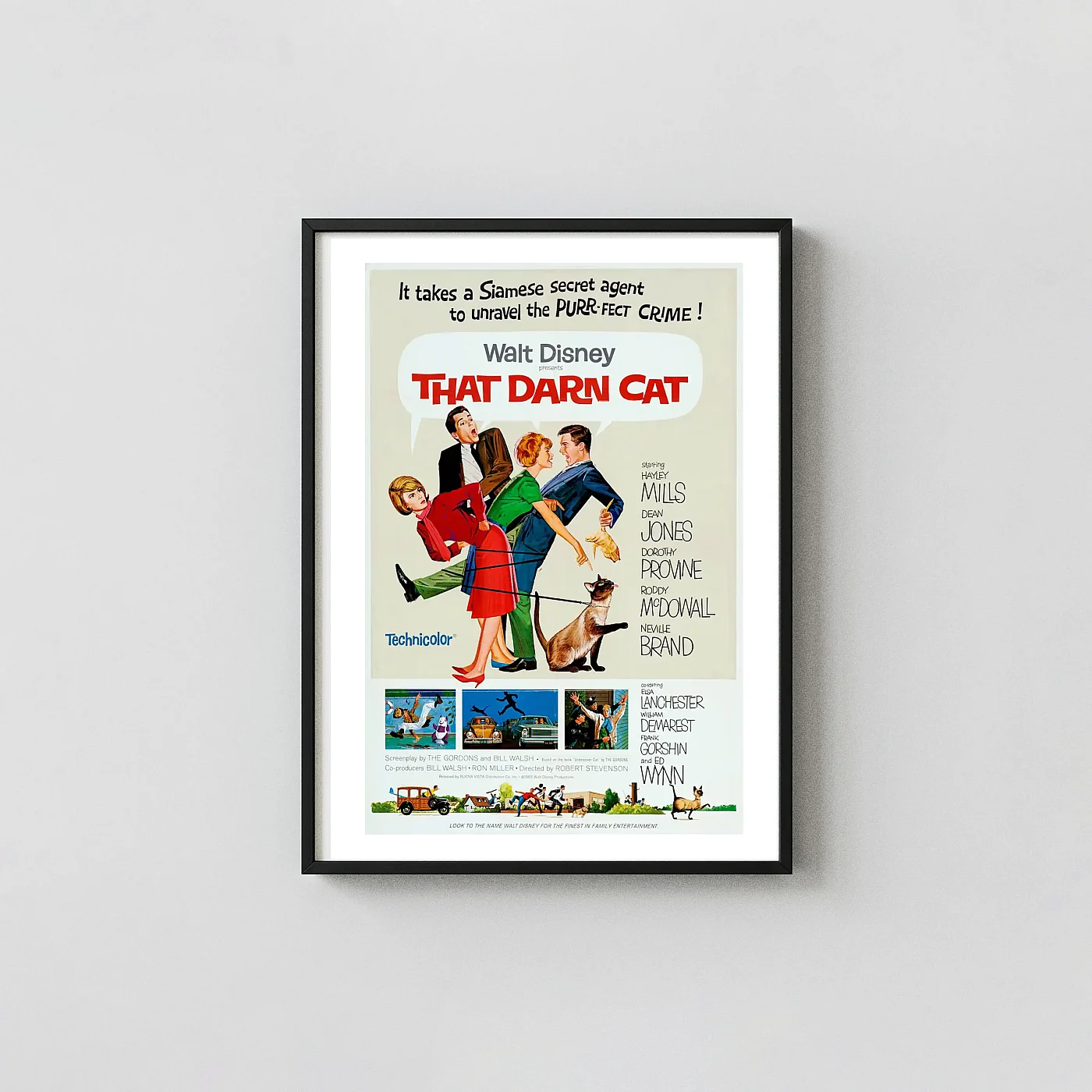 That Darned Cat 1965 Poster - Vintage Walt Disney Comedy Movie One-Sheet Wall Animation and Anime Posters xe2x80x93 Portrait Frame Wall Art Mockup | MerchFuse