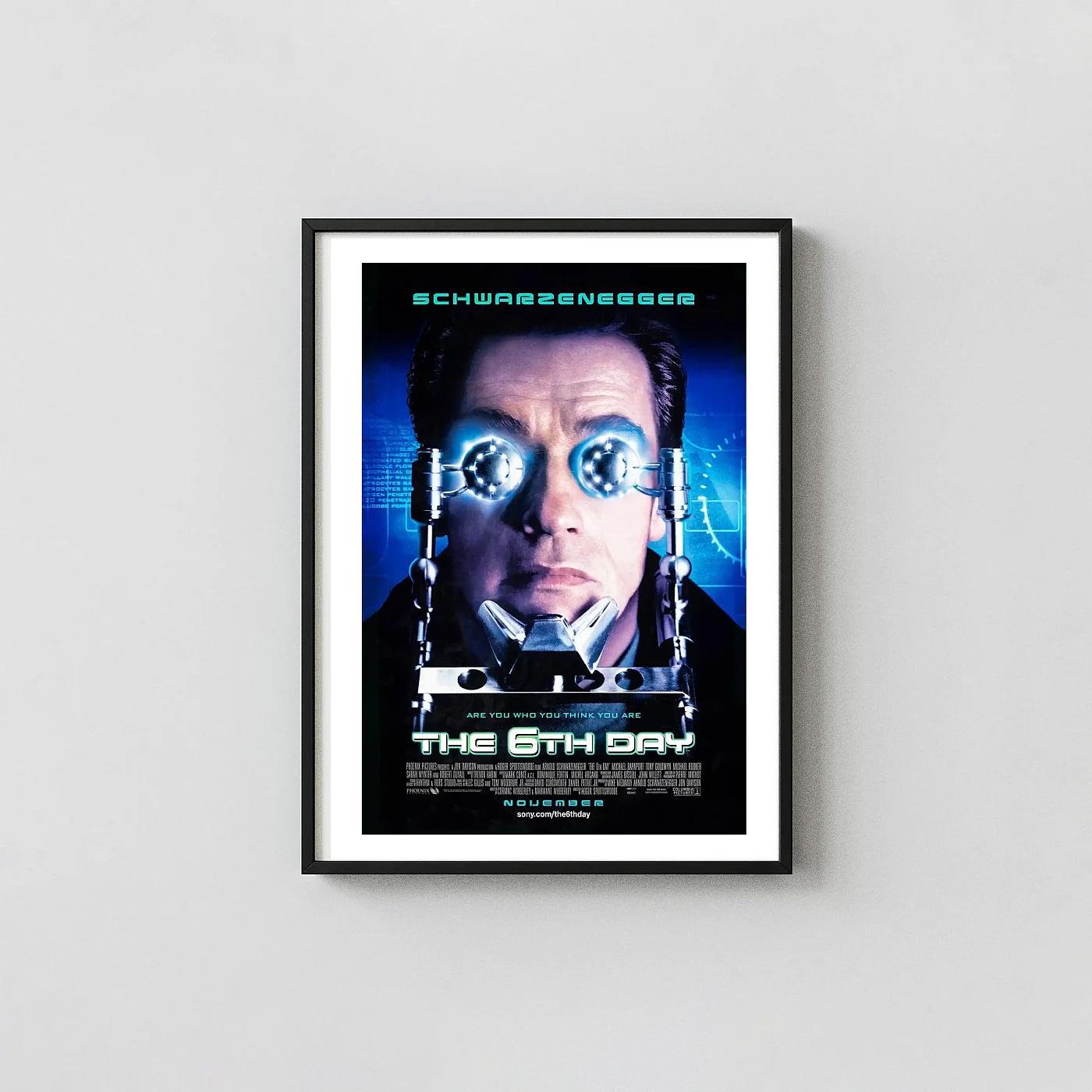 The 6th Day Movie Poster - Arnold Schwarzenegger Sci-Fi Action Film Wall Movie Posters xe2x80x93 Portrait Frame Wall Art Mockup | MerchFuse