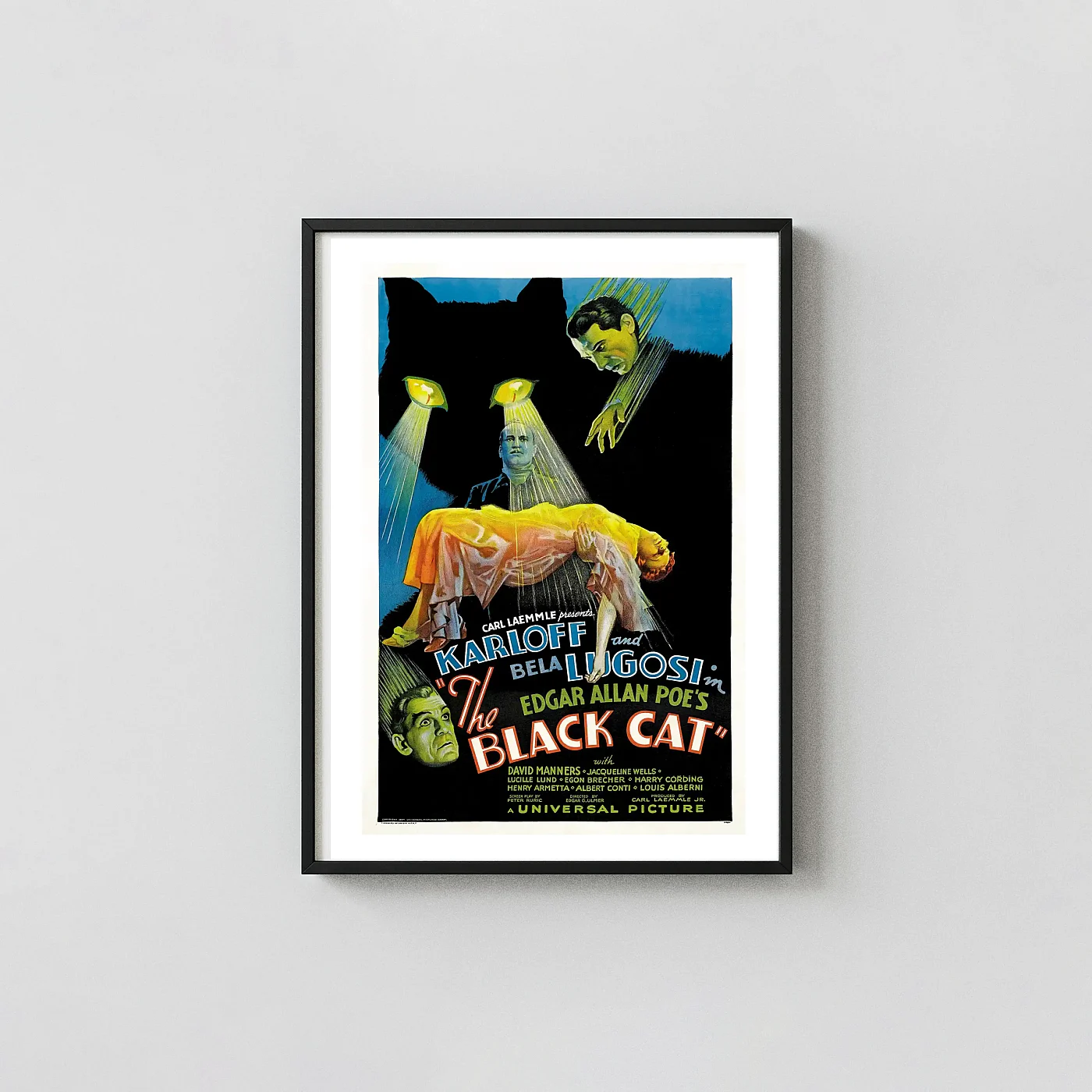 The Black Cat Poster - 1934 Alternate Design Karloff Lugosi Universal Horror Horror Movies Posters xe2x80x93 Portrait Frame Wall Art Mockup | MerchFuse