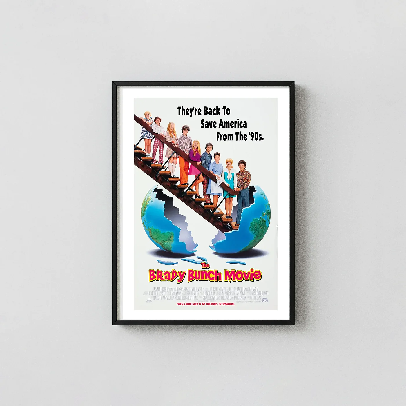 The Brady Bunch Movie Poster - 1995 Paramount Comedy Wall Movie Posters xe2x80x93 Portrait Frame Wall Art Mockup | MerchFuse