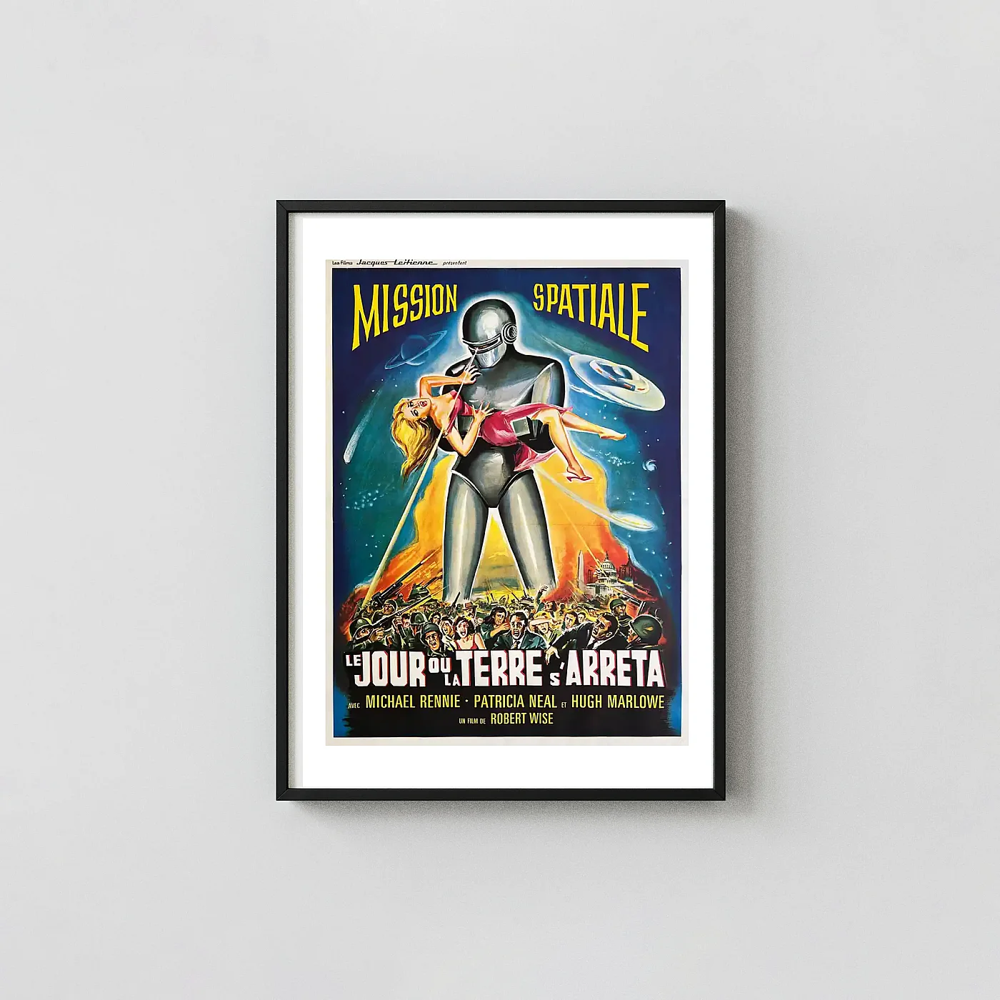 The Day the Earth Stood Still Poster - French 1960s Re-Release Vintage Wall Movie Posters xe2x80x93 Portrait Frame Wall Art Mockup | MerchFuse