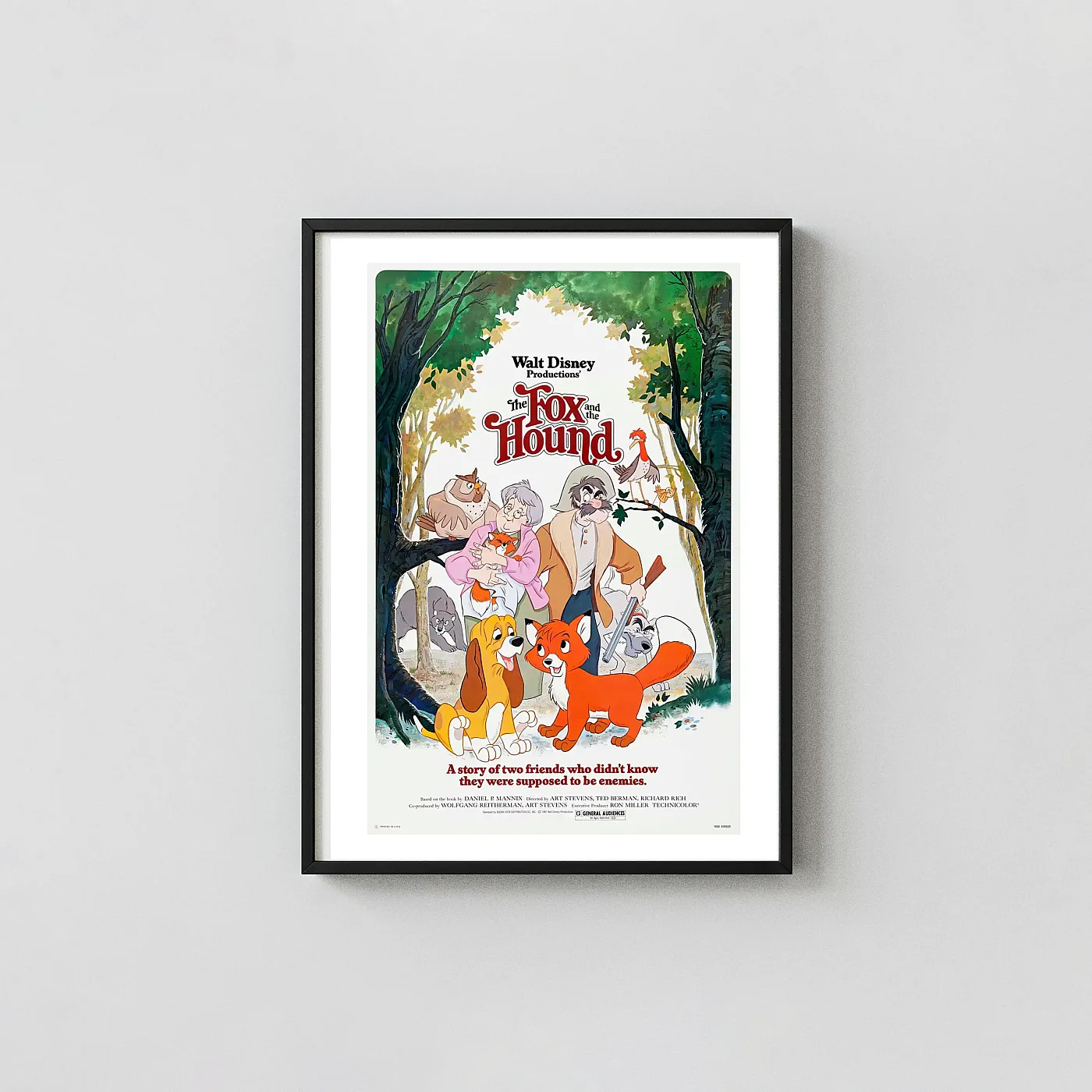 The Fox and the Hound Poster - 1981 Walt Disney Classic Animation Wall Animation and Anime Posters xe2x80x93 Portrait Frame Wall Art Mockup | MerchFuse