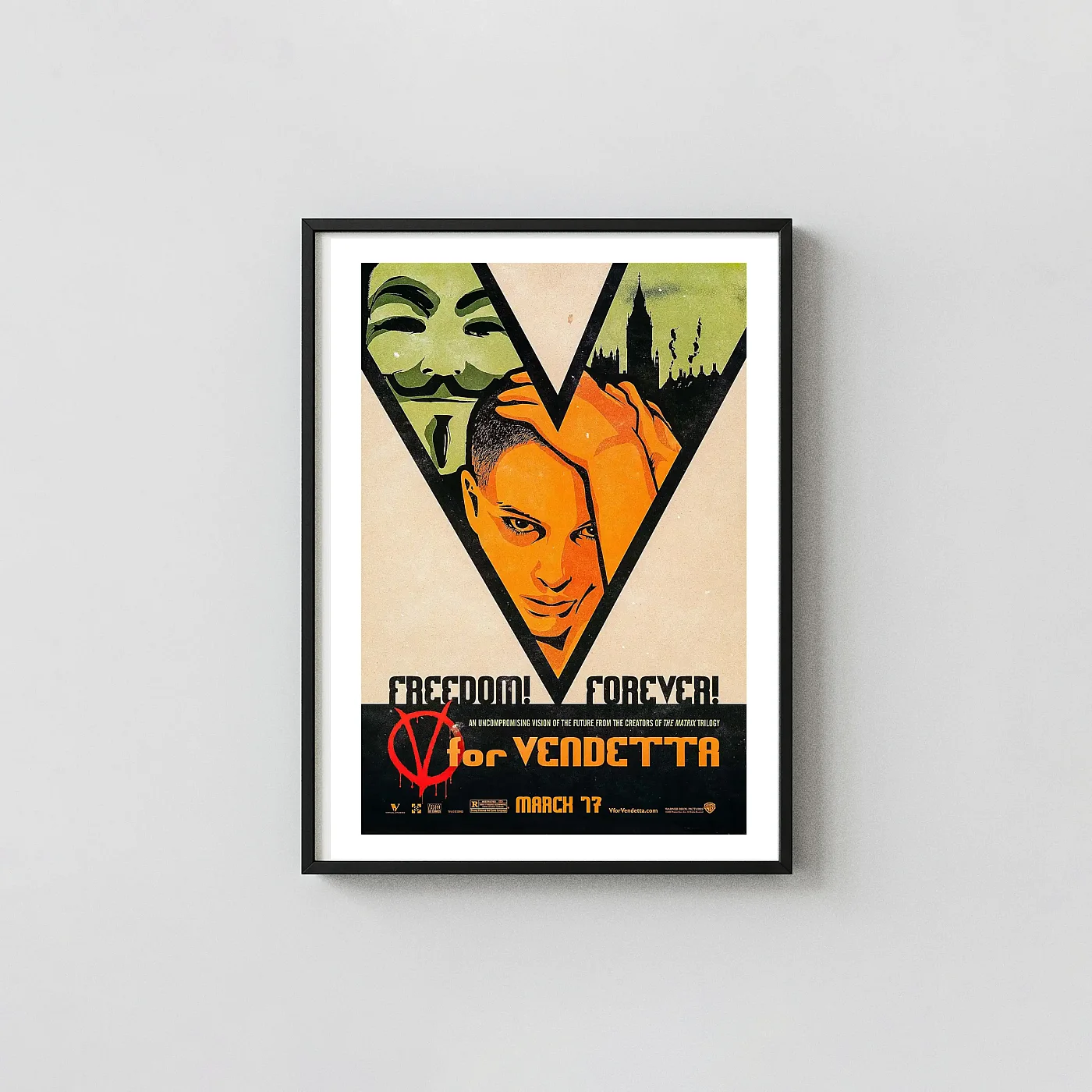 V for Vendetta (2006) Movie Print - Guy Fawkes Mask Movie Posters xe2x80x93 Portrait Frame Wall Art Mockup | MerchFuse