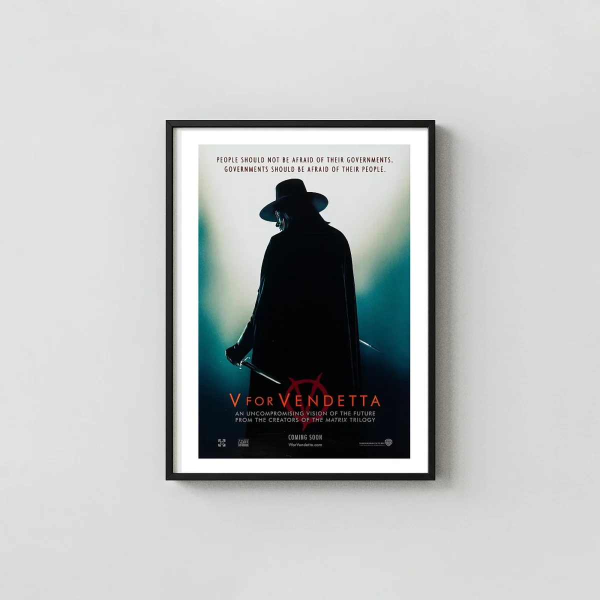 V for Vendetta Poster - 2006 Guy Fawkes Movie Wall Movie Posters xe2x80x93 Portrait Frame Wall Art Mockup | MerchFuse
