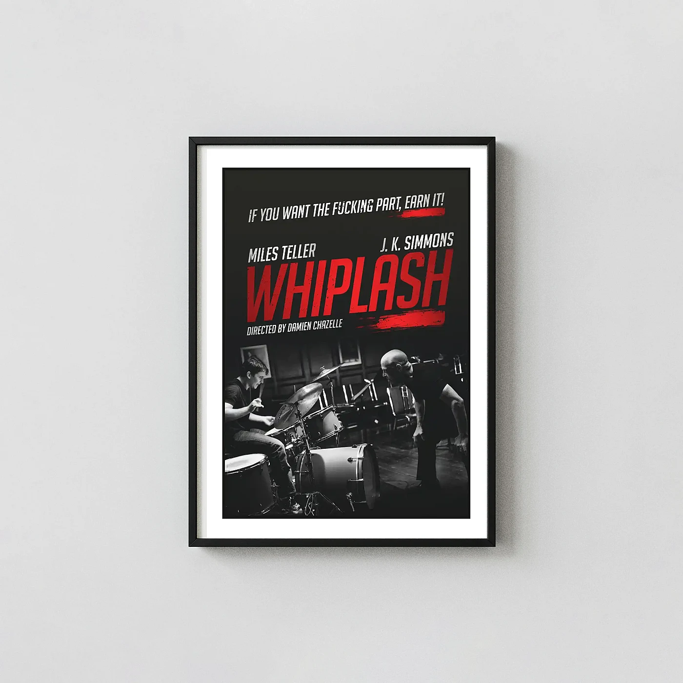 Whiplash | Movie Poster | Miles Teller & J.K. Simmons Drum Scene Movie Posters xe2x80x93 Portrait Frame Wall Art Mockup | MerchFuse