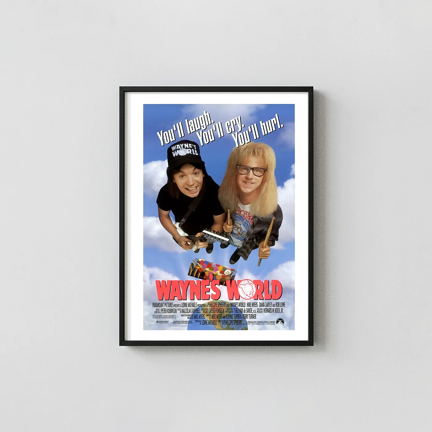 Wayne's World (1992) Movie Poster - Comedy Film Wall Movie Posters xe2x80x93 Portrait Frame Wall Art Mockup | MerchFuse