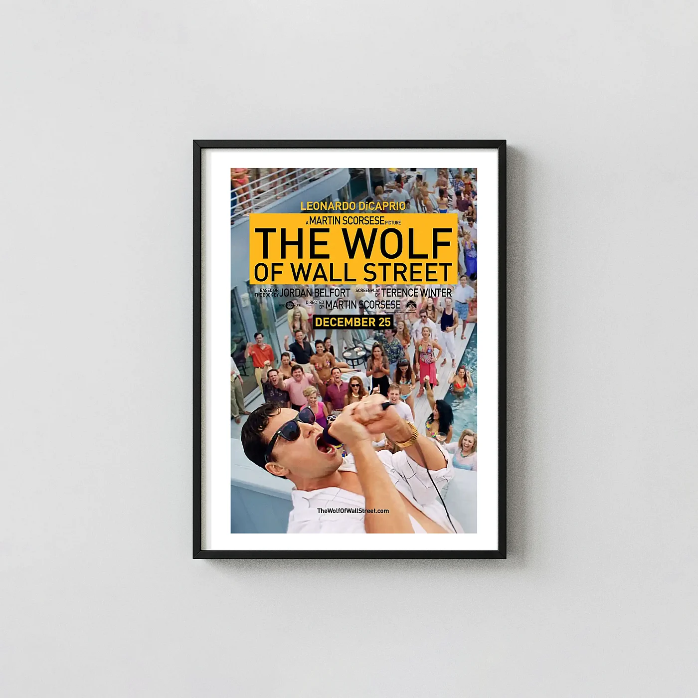 The Wolf of Wall Street (2013) Wall Art - DiCaprio Movie Movie Posters xe2x80x93 Portrait Frame Wall Art Mockup | MerchFuse