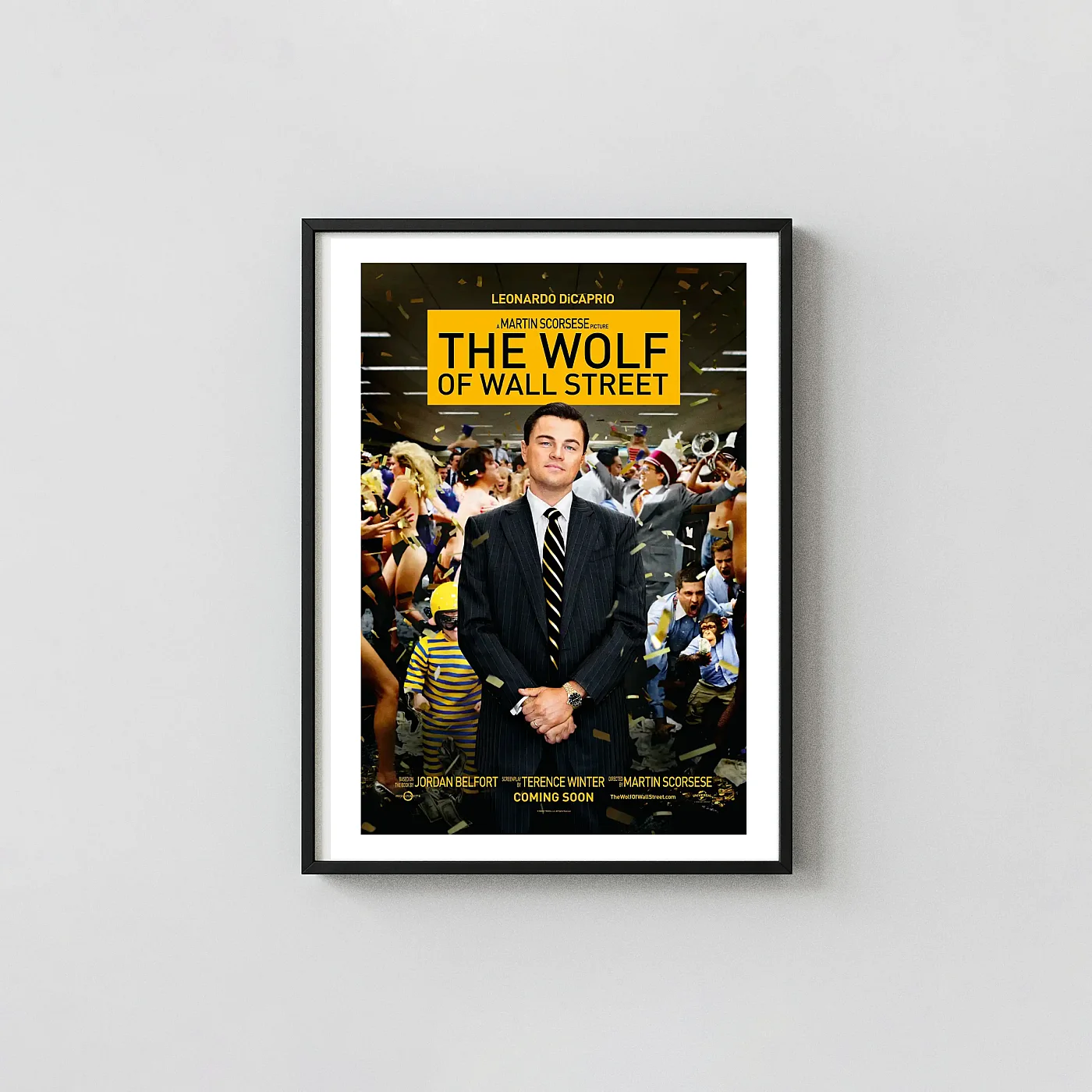 The Wolf of Wall Street (2013) Movie Poster — Wall Movie Posters xe2x80x93 Portrait Frame Wall Art Mockup | MerchFuse