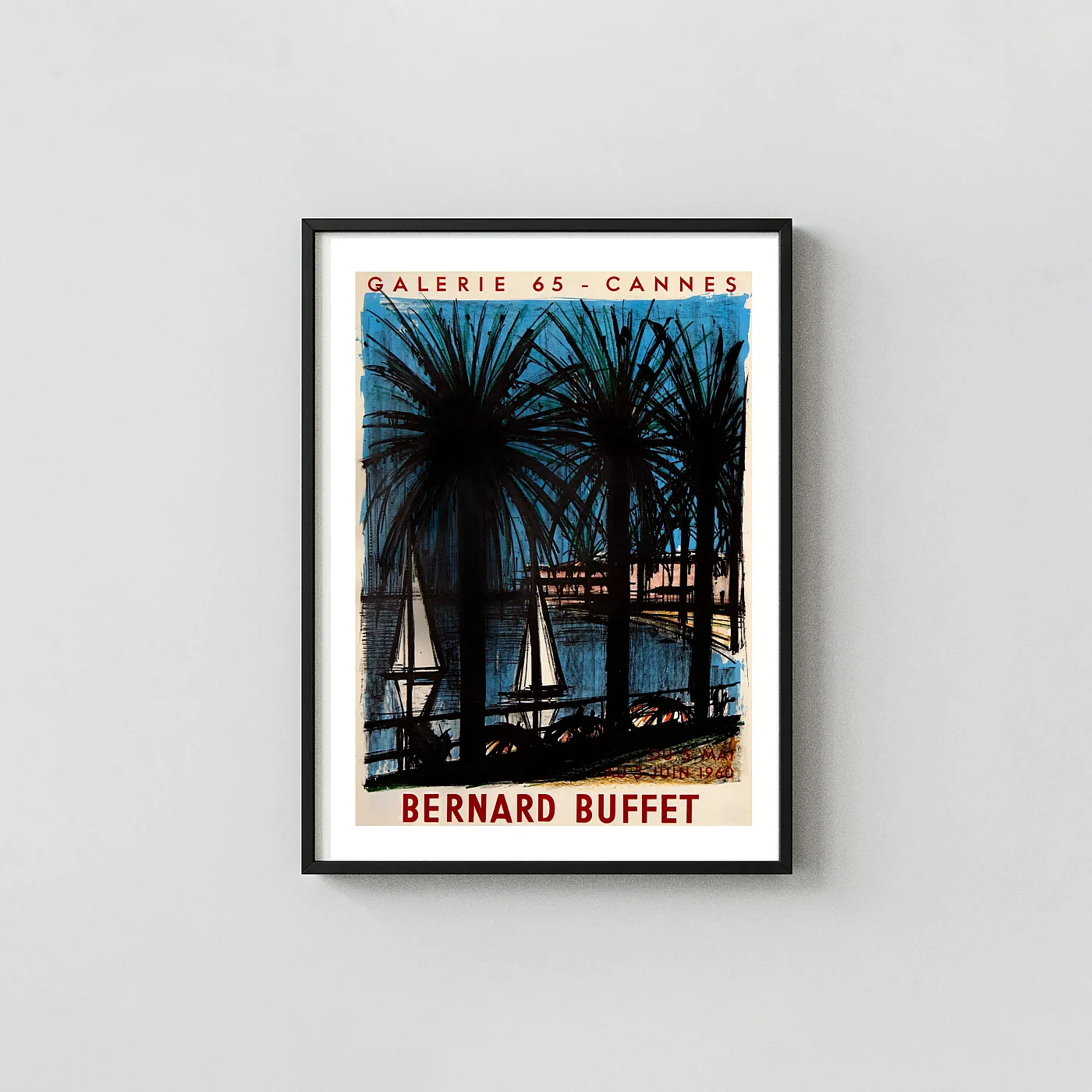 Bernard Buffet | Vintage Art Poster | Cannes Palm Trees & Sailboats Exhibition Artwork xe2x80x93 Portrait Frame Wall Art Mockup | MerchFuse