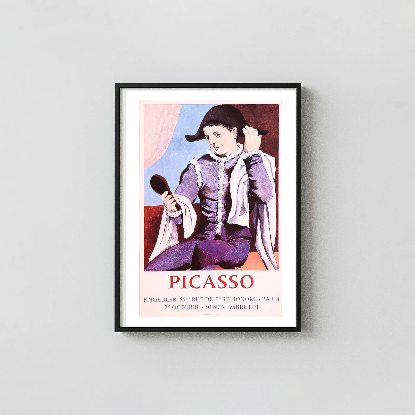 Pablo Picasso | Vintage Art Exhibition Poster | Harlequin with Mirror Exhibition Artwork xe2x80x93 Portrait Frame Wall Art Mockup | MerchFuse