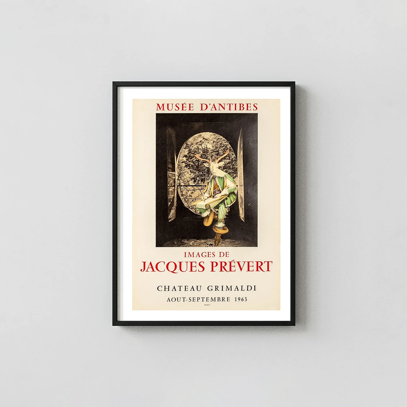 Jacques Prévert | Art Exhibition Poster | Surreal Deer Collage 1963 Exhibition Artwork xe2x80x93 Portrait Frame Wall Art Mockup | MerchFuse