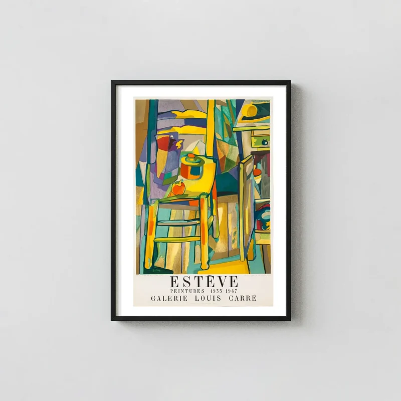 Maurice Estève 'La Chaise de Cuisine' | Abstract Art Poster | Bold Mid-Century Exhibition Artwork xe2x80x93 Portrait Frame Wall Art Mockup | MerchFuse