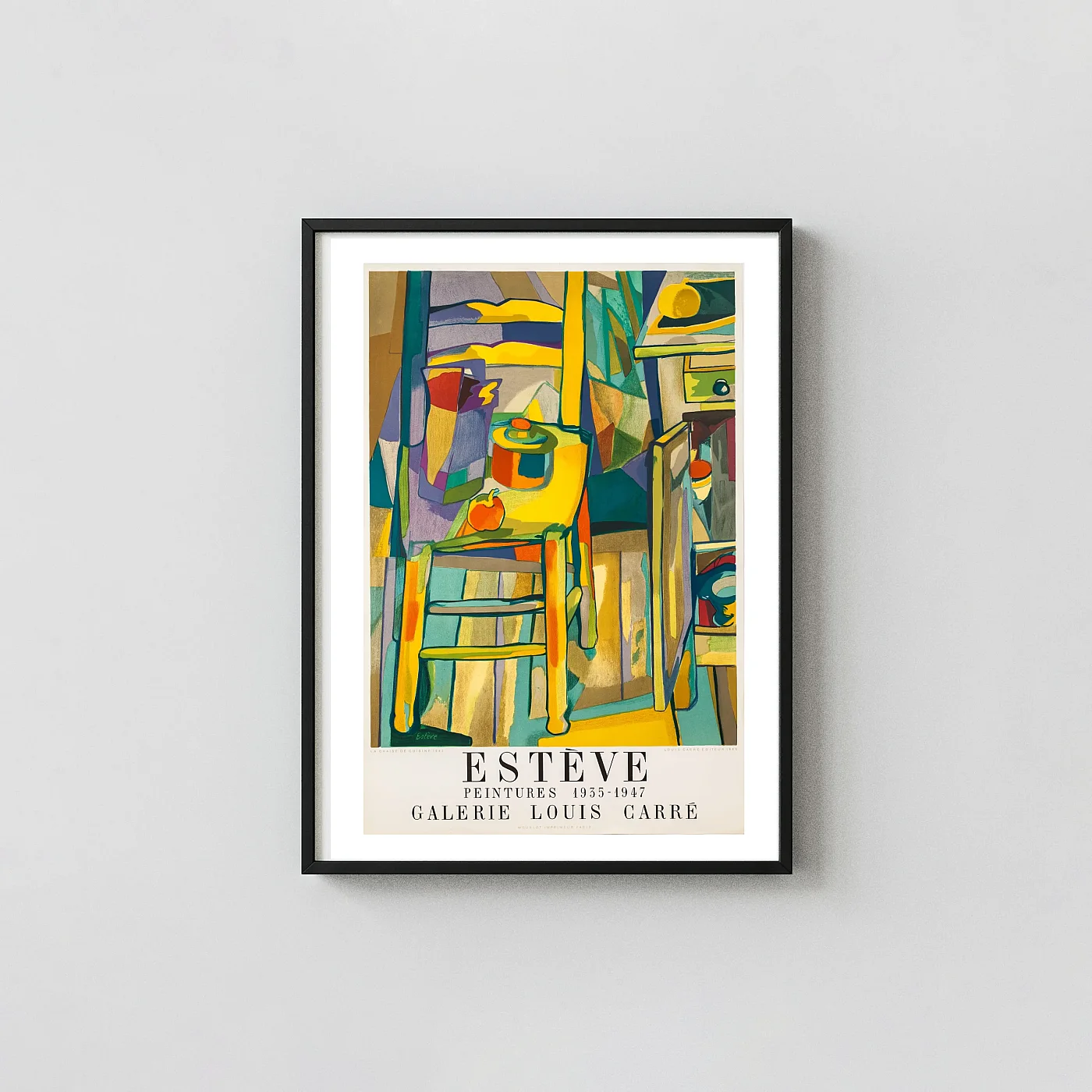 Maurice Estève 'La Chaise de Cuisine' | Abstract Art Poster | Bold Mid-Century Exhibition Artwork xe2x80x93 Portrait Frame Wall Art Mockup | MerchFuse