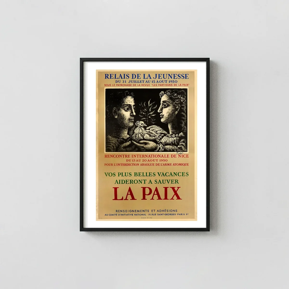 Picasso's Les Partisans de la Paix | Art Poster | Vintage Peace Dove Exhibition Artwork xe2x80x93 Portrait Frame Wall Art Mockup | MerchFuse