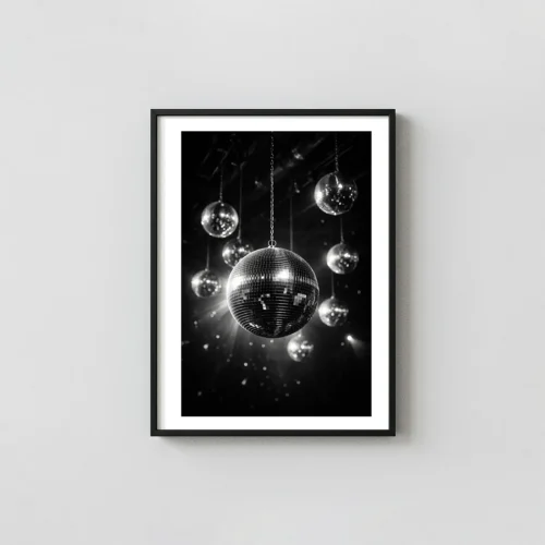 Disco Shining Ball 70s Print | Vintage Party Disco Globe Black and White Wall Art
