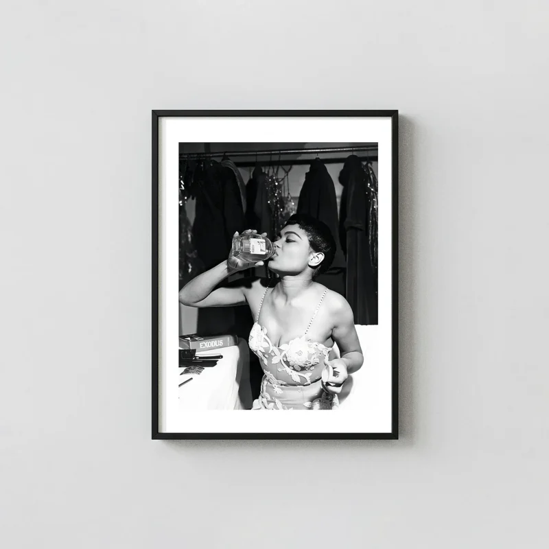 Eartha Kitt Drinking Honey Print | Vintage Bar Cart Black and White Wall Art