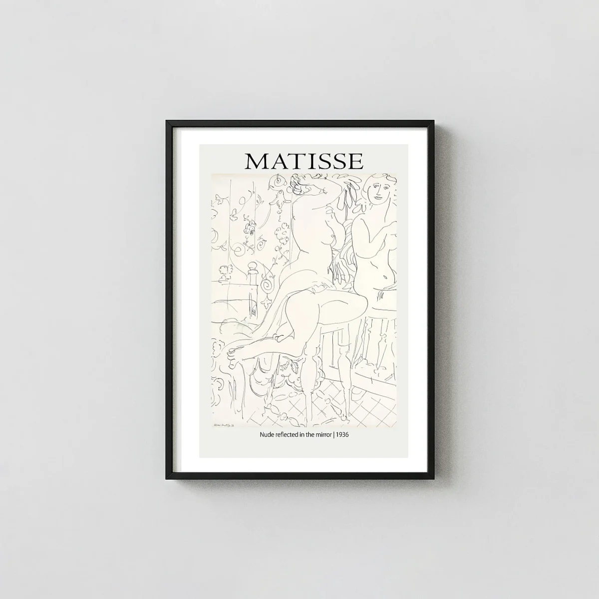 Classic Matisse Line Art Print - 1936 Nude Reflected In Mirror Henri Matisse Artwork xe2x80x93 Portrait Frame Wall Art Mockup | MerchFuse