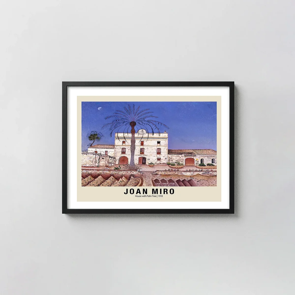 Classic Joan Miro House with Palm Tree - 1918 Vintage Spanish Farmhouse Art Joan Miro xe2x80x93 Landscape Frame Wall Art Mockup | MerchFuse