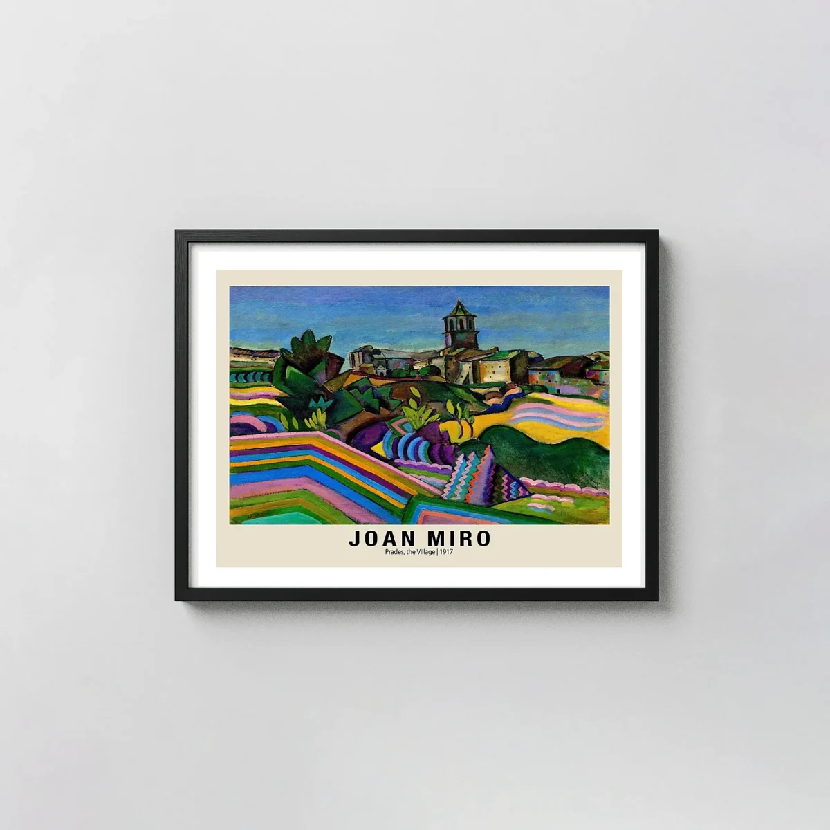 Authentic Joan Miro Art Print - Prades the Village 1917 Modernist Joan Miro xe2x80x93 Landscape Frame Wall Art Mockup | MerchFuse