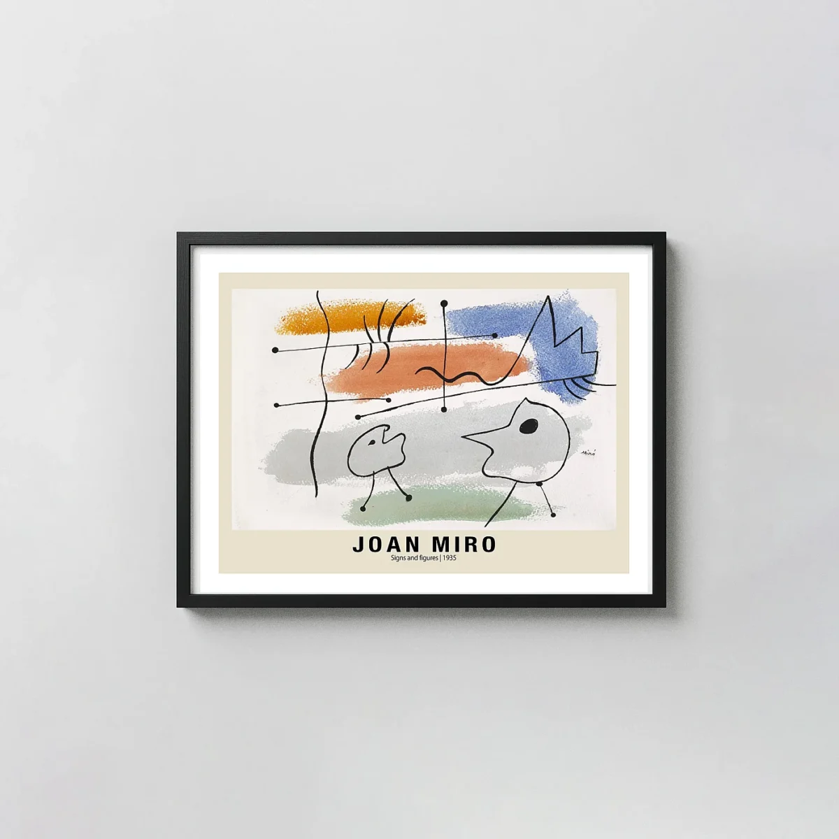 Classic Joan Miro print - Signs and Figures 1935 Abstract Joan Miro xe2x80x93 Landscape Frame Wall Art Mockup | MerchFuse