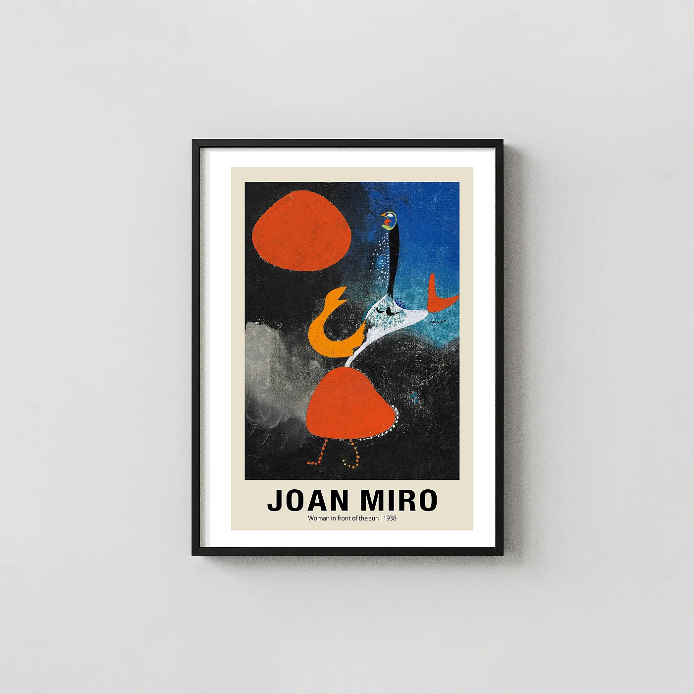 Classic Joan Miro Poster - Woman In Front Of The Sun 1938 Wall Art Classic Joan Miro Poster - Woman In Front Of The Sun 1938 Joan Miro Xe2X80X93 Portrait Frame Wall Art Mockup | Merchfuse