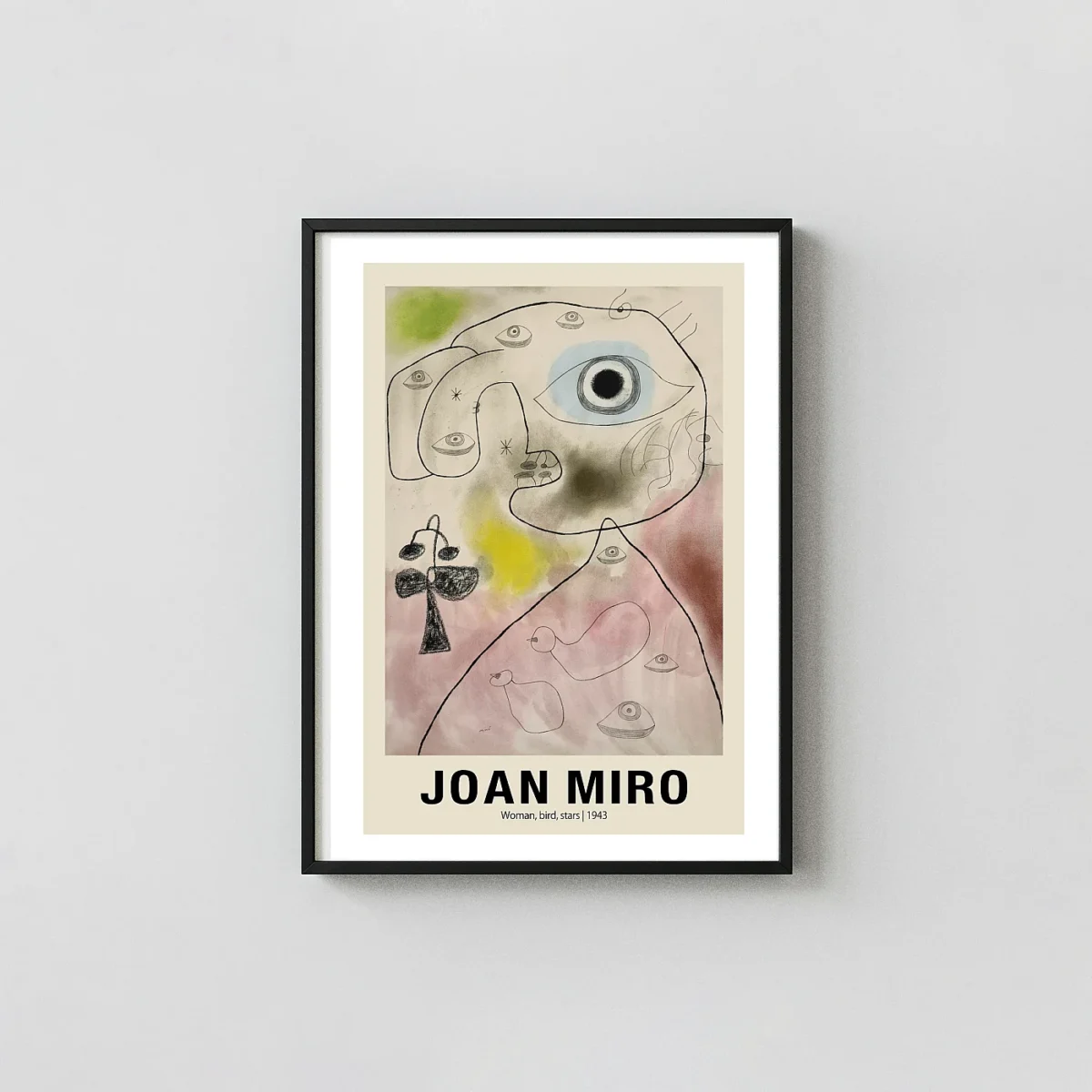 Classic Joan Miró Poster - Woman Bird Stars 1943 Surrealist Joan Miro xe2x80x93 Portrait Frame Wall Art Mockup | MerchFuse