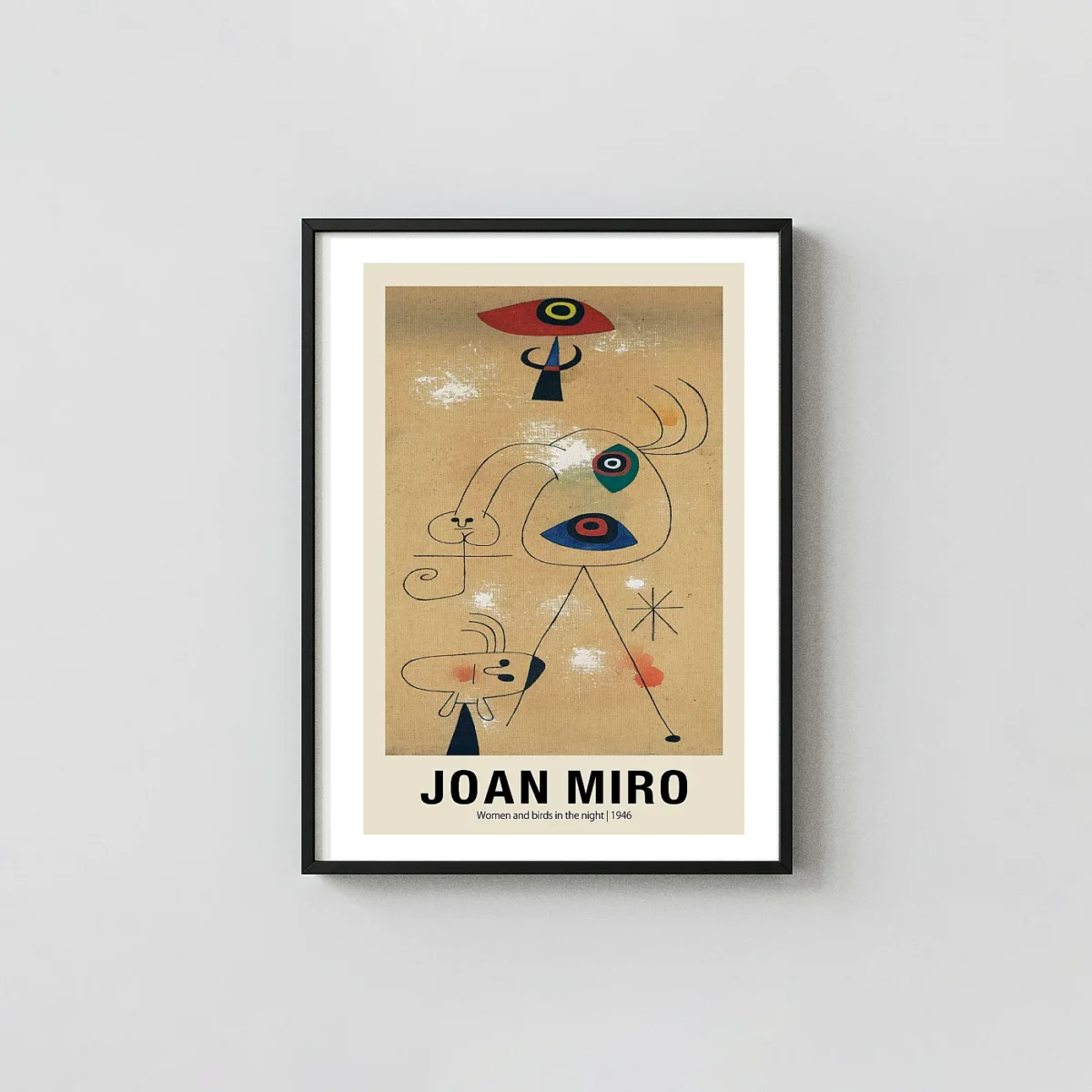 Joan Miro 1946 print - Women and Birds in the Night Surrealist Joan Miro xe2x80x93 Portrait Frame Wall Art Mockup | MerchFuse