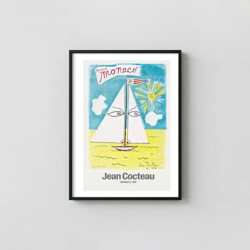 Jean Cocteau Monaco Poster - 1959 Surrealist Sailboat Jean Cocteau Art Prints xe2x80x93 Portrait Frame Wall Art Mockup | MerchFuse
