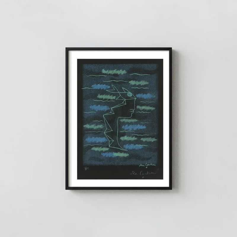Classic Jean Cocteau Print - Tête Profil Vert-Bleu 1940 Surrealist Art