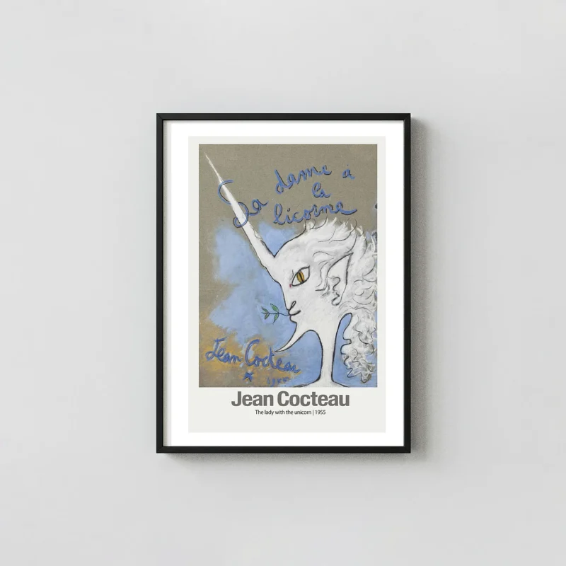 Classic Jean Cocteau art print - La dame à la licorne 1955 Sketch Jean Cocteau Art Prints xe2x80x93 Portrait Frame Wall Art Mockup | MerchFuse