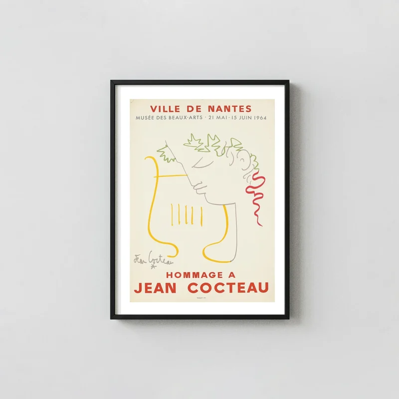 Jean Cocteau poster - Authentic 1964 Ville de Nantes Exhibition Jean Cocteau Art Prints xe2x80x93 Portrait Frame Wall Art Mockup | MerchFuse