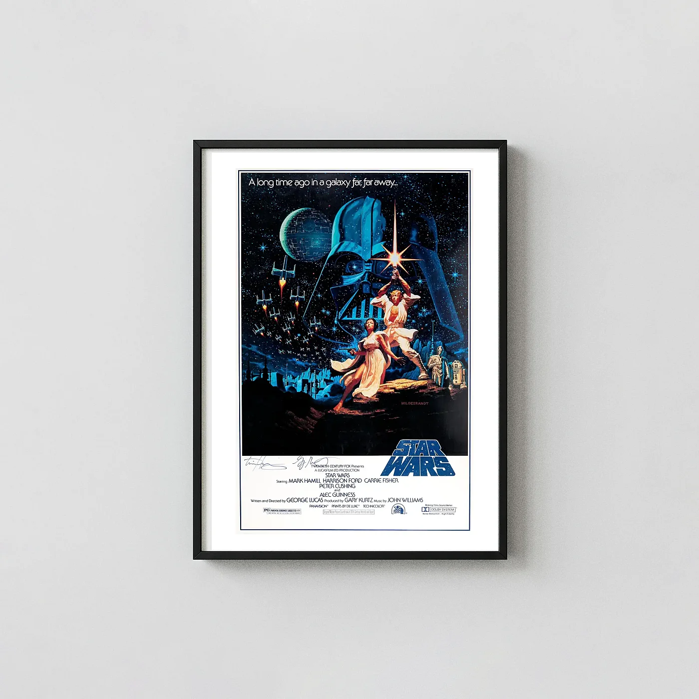 Star Wars: A New Hope Movie Poster (1977 Original) - 15th Anniversary Style B Cast-Autographed Reissue Minimalist Movie Poster xe2x80x93 Portrait Frame Wall Art Mockup | MerchFuse