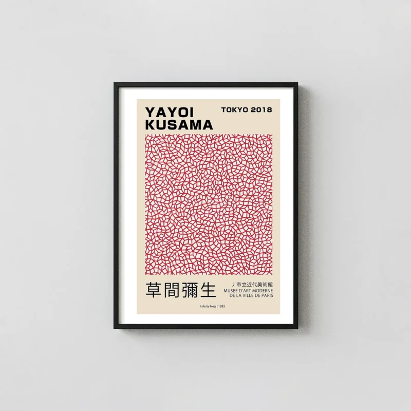 Authentic Yayoi Kusama Poster - Red Infinity Nets 1992 Exhibition Kusama Polka Dots Art xe2x80x93 Portrait Frame Wall Art Mockup | MerchFuse