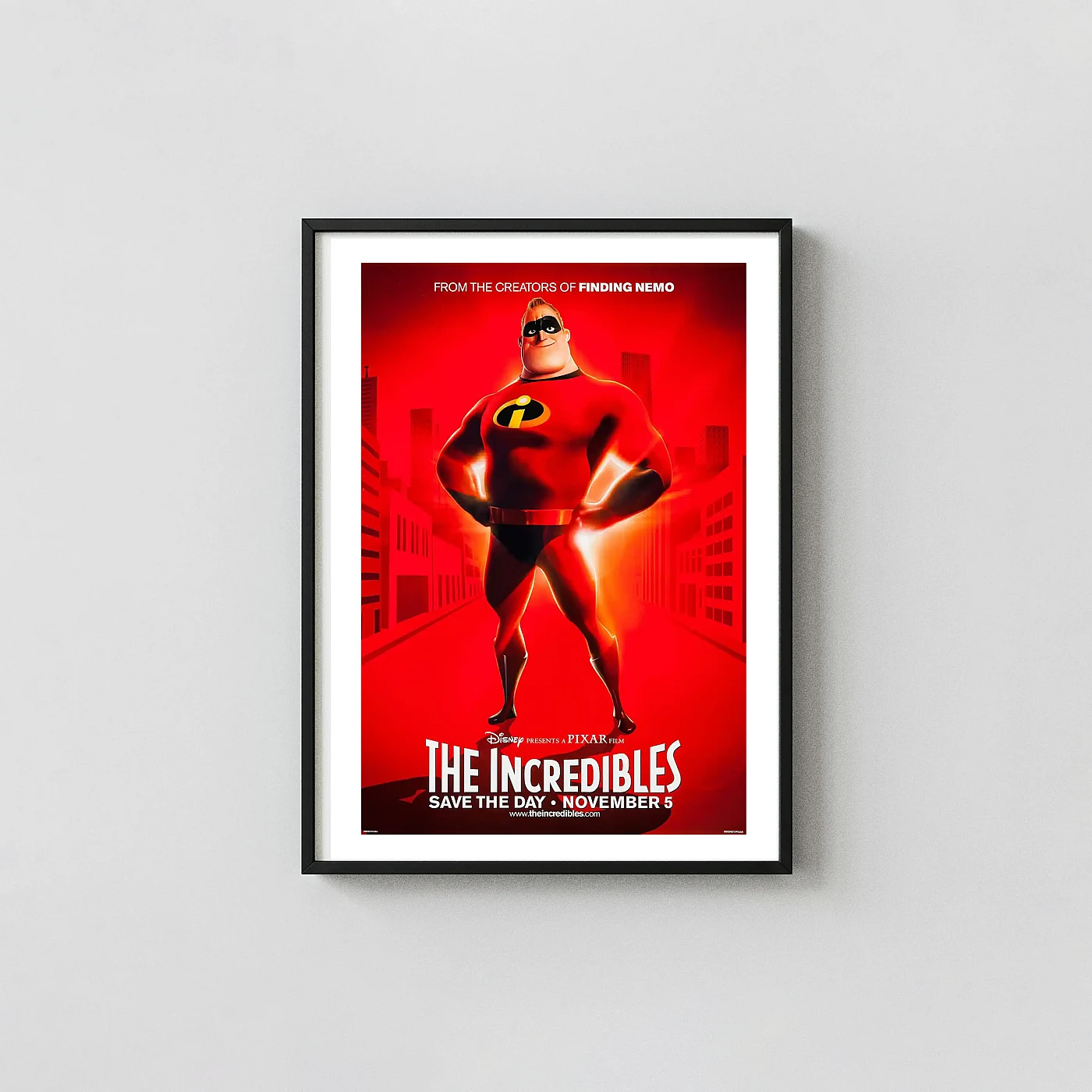 Disney Pixar The Incredibles Movie Poster | Mr. Incredible Save The Day Animation and Anime Posters xe2x80x93 Portrait Frame Wall Art Mockup | MerchFuse