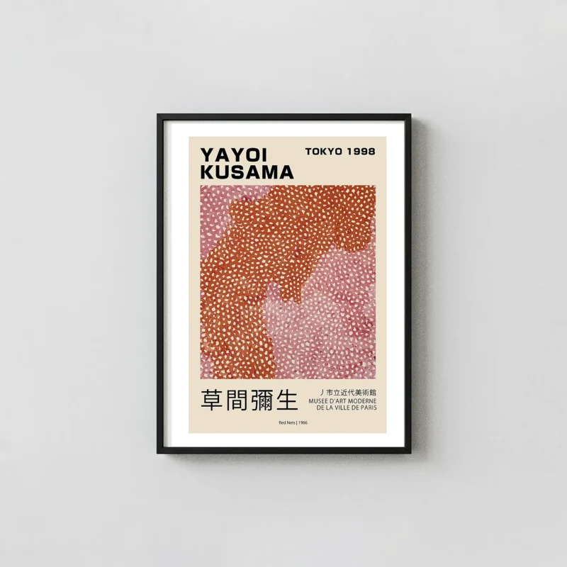 Classic Yayoi Kusama Red Nets - 1966 Tokyo 1998 Exhibition Kusama Polka Dots Art xe2x80x93 Portrait Frame Wall Art Mockup | MerchFuse