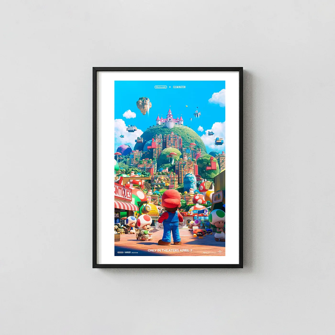 Super Mario Bros. Movie Poster: Mario Gazing at Mushroom Kingdom Castle Animation and Anime Posters xe2x80x93 Portrait Frame Wall Art Mockup | MerchFuse