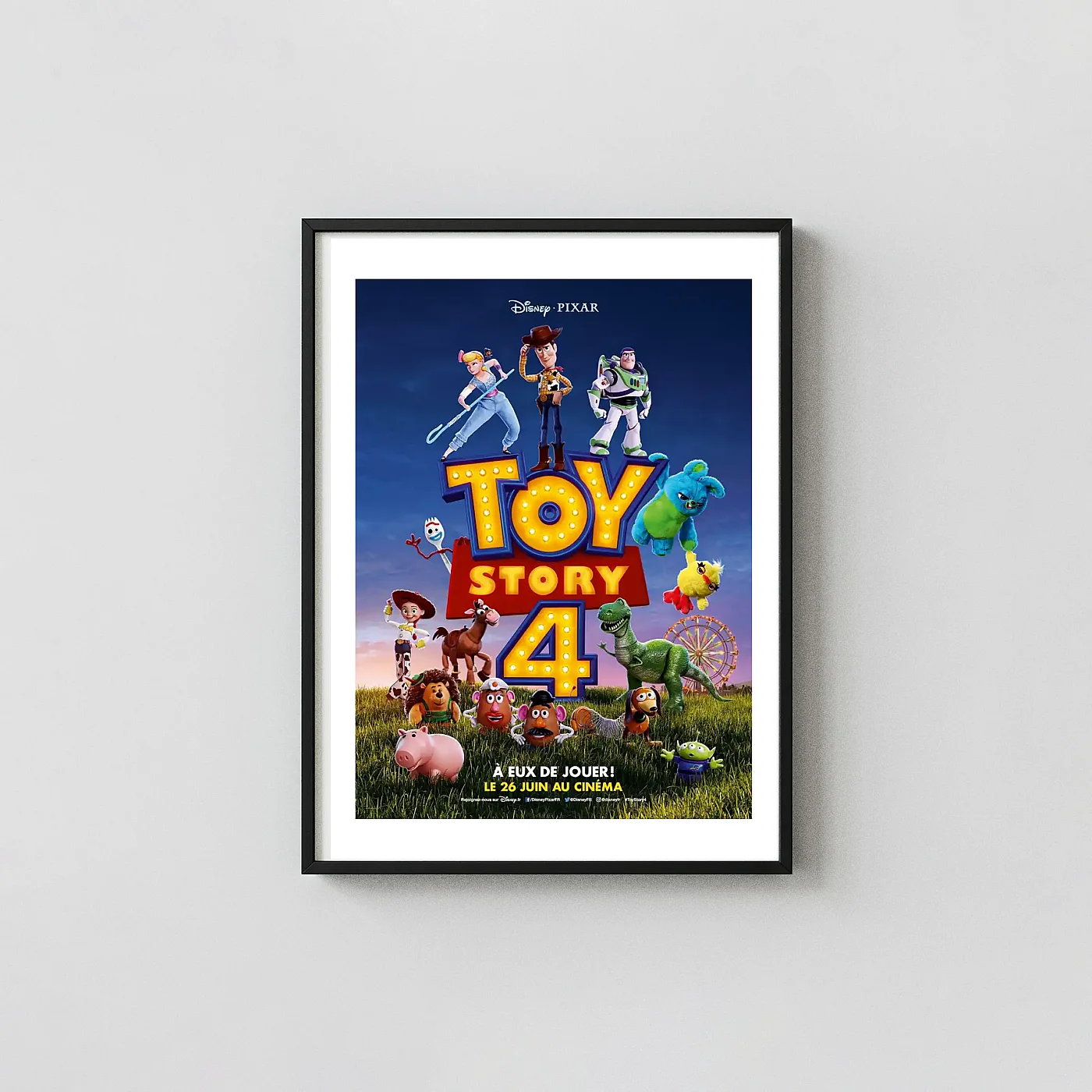 Toy Story 4 2019 Movie Poster | Woody, Buzz, Bo Peep & Forky Official Pixar Artwork Animation and Anime Posters xe2x80x93 Portrait Frame Wall Art Mockup | MerchFuse