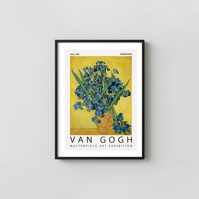 Classic Van Gogh Irises Print - 1890 Rijksmuseum Exhibition Gogh Prints xe2x80x93 Portrait Frame Wall Art Mockup | MerchFuse