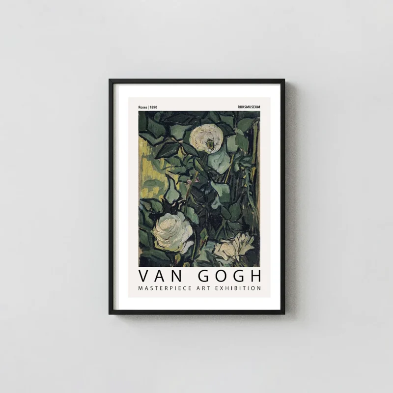 Classic Van Gogh Roses Print - 1890 Rijksmuseum Exhibition Gogh Prints xe2x80x93 Portrait Frame Wall Art Mockup | MerchFuse