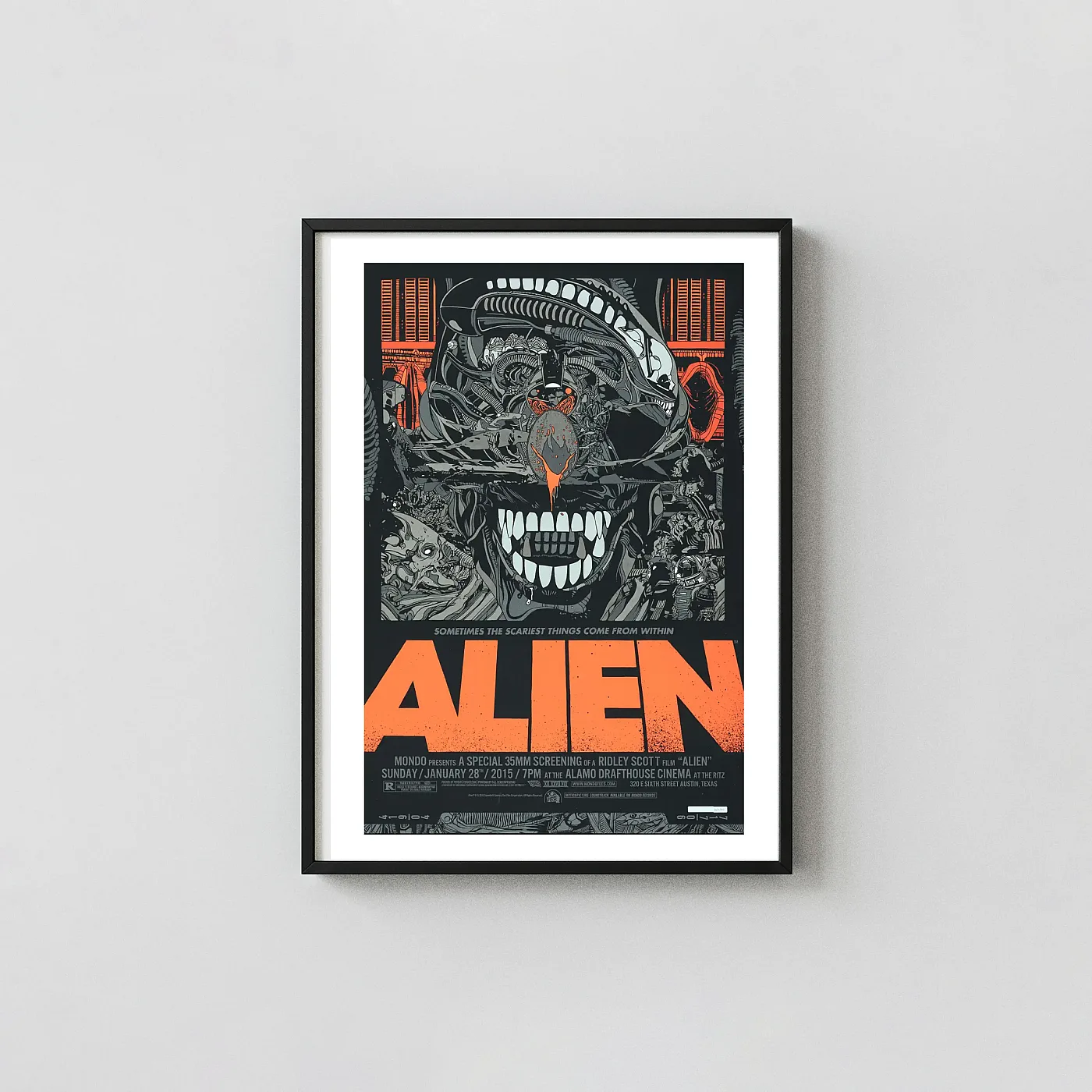 Alien Mondo Poster by Tyler Stout - Sci-Fi Horror Xenomorph Alien Movie Poster xe2x80x93 Portrait Frame Wall Art Mockup | MerchFuse