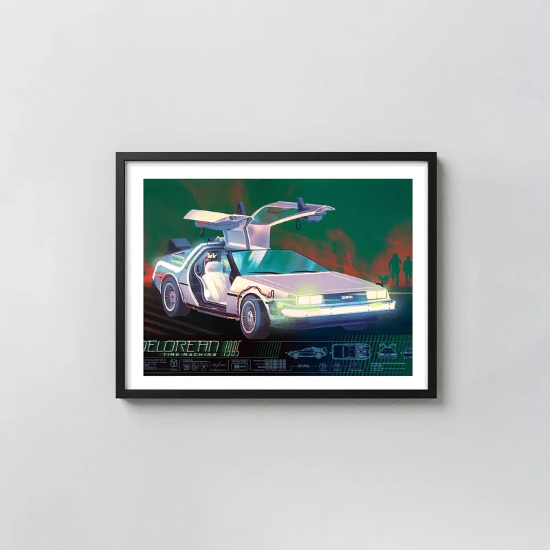 DeLorean Time Machine 1985 Poster by Kevin Tong | Back to the Future Art Back to the Future Movie Posters xe2x80x93 Landscape Frame Wall Art Mockup | MerchFuse