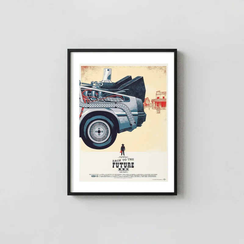 Back to the Future III Mondo Poster | DeLorean Time Machine in Wild West Art by Phantom City Creative Back to the Future Movie Posters xe2x80x93 Portrait Frame Wall Art Mockup | MerchFuse