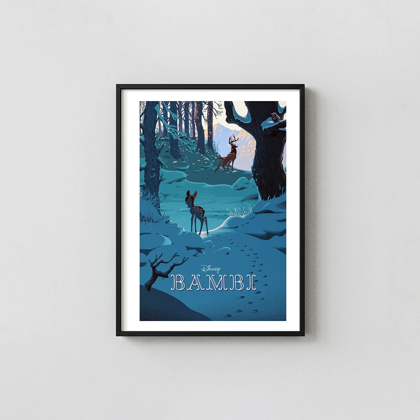 Disney Bambi Winter Forest Poster By Laurent Durieux (Mondo Art Print) Disney Bambi Winter Forest Poster By Laurent Durieux (Mondo Art Print) Movie Posters Xe2X80X93 Portrait Frame Wall Art Mockup | Merchfuse