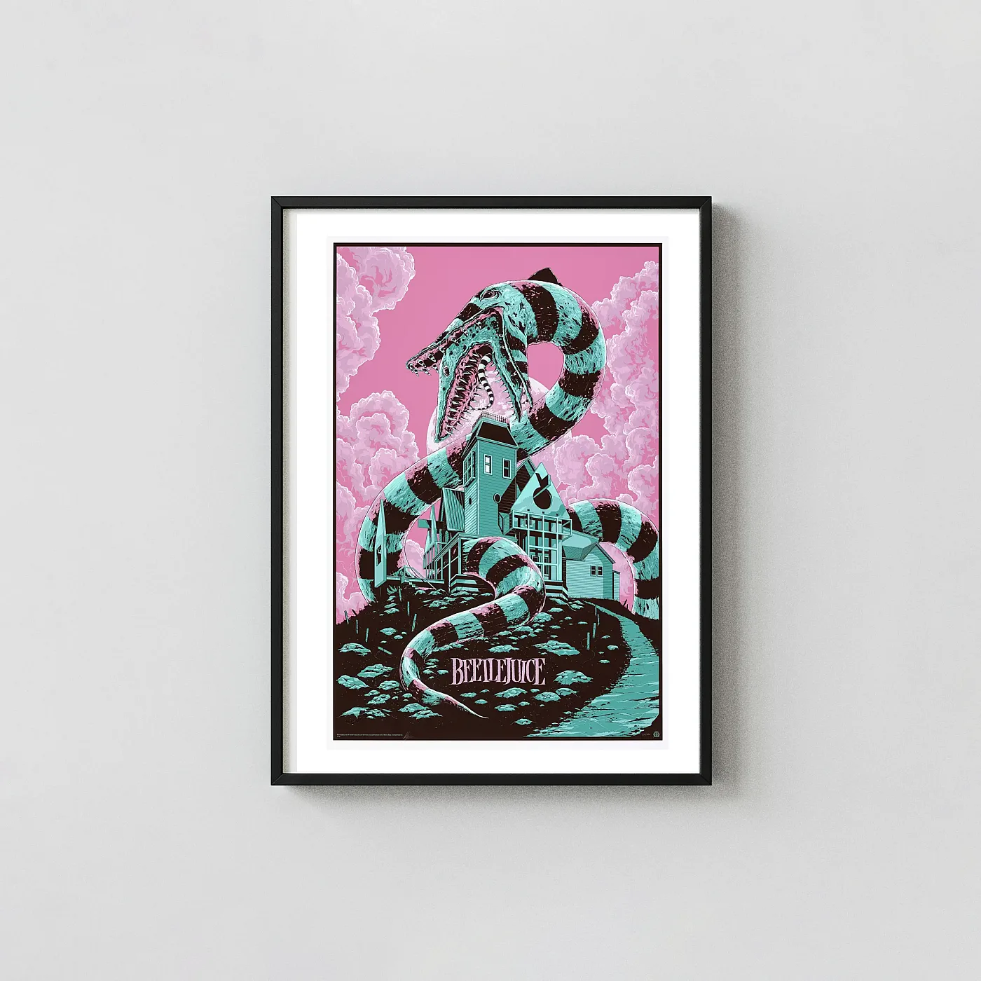 Ken Taylor'S Beetlejuice Sandworm Mondo Poster | Ghostly Pink &Amp; Teal Art Print Ken Taylor'S Beetlejuice Sandworm Mondo Poster | Ghostly Pink &Amp; Teal Horror Movies Posters Xe2X80X93 Portrait Frame Wall Art Mockup | Merchfuse
