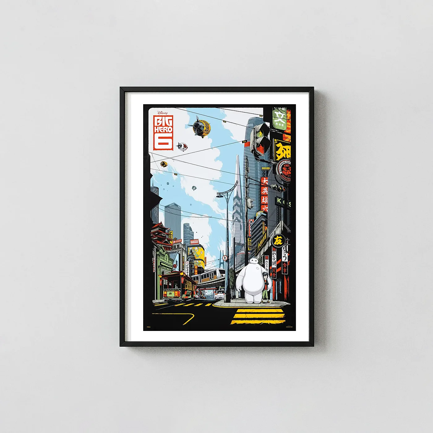 Disney'S Big Hero 6 Poster | San Fransokyo Baymax Art By Ken Taylor Mondo Print Disney'S Big Hero 6 Poster | San Fransokyo Baymax Art By Ken Taylor Mondo Movie Posters Xe2X80X93 Portrait Frame Wall Art Mockup | Merchfuse