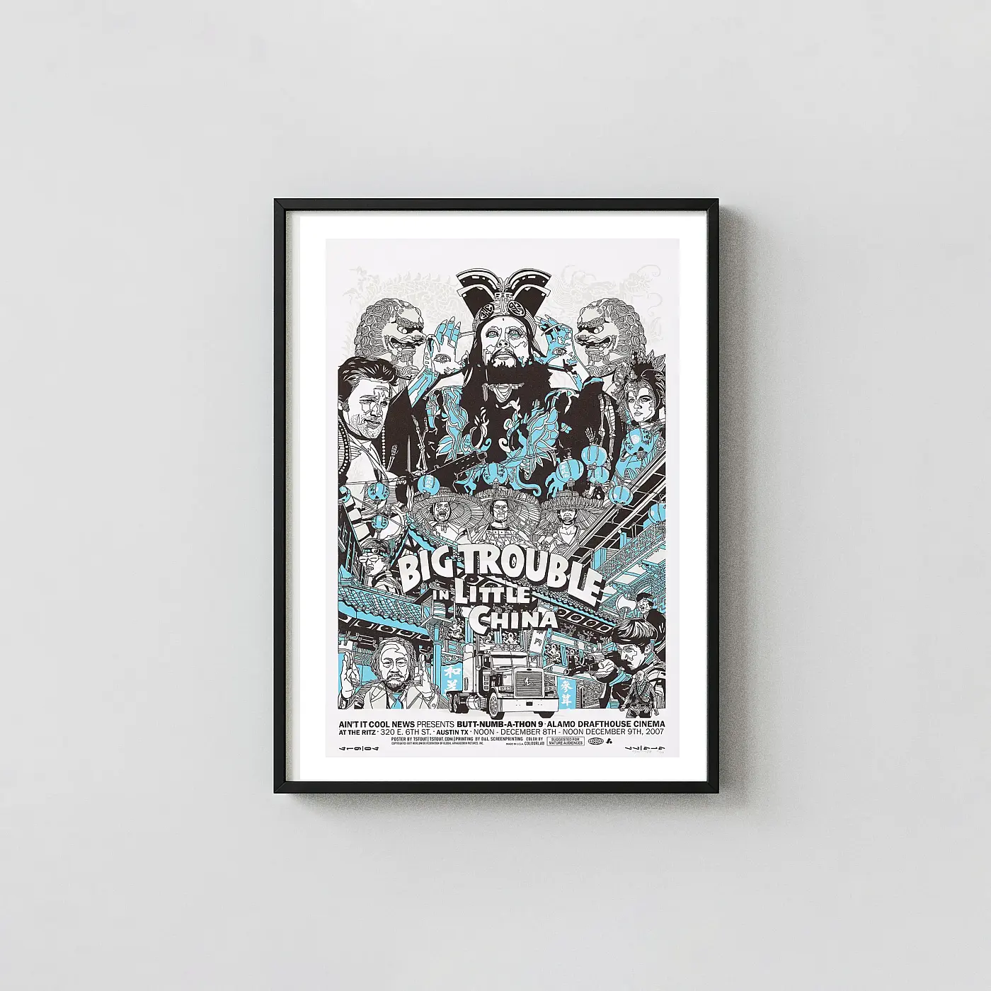 Big Trouble In Little China Poster - Tyler Stout Mondo Art Print | Jack Burton Cult Movie Big Trouble In Little China Poster - Tyler Stout Mondo Art Print | Jack Burton Cult Movie Big Trouble In Little China Movie Posters Xe2X80X93 Portrait Frame Wall Art Mockup | Merchfuse