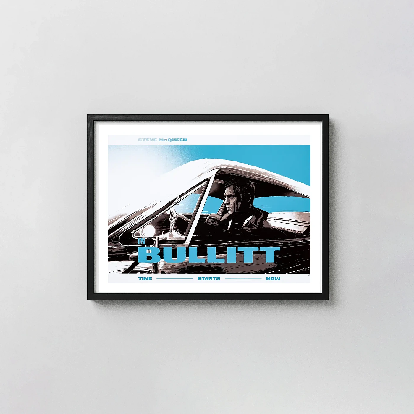 Steve Mcqueen In Bullitt Poster - Grzegorz Domaradzki Art Print Steve Mcqueen In Bullitt Poster - Grzegorz Domaradzki Movie Posters Xe2X80X93 Landscape Frame Wall Art Mockup | Merchfuse
