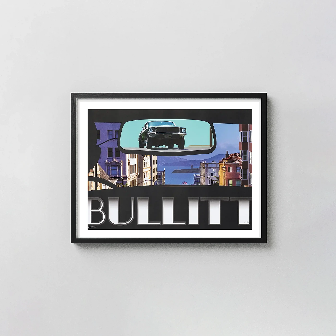 Bullitt Movie Poster - Henry Villegas Art Print | Iconic Mustang Fastback Car Chase Scene Action & Adventure Movie Posters xe2x80x93 Landscape Frame Wall Art Mockup | MerchFuse