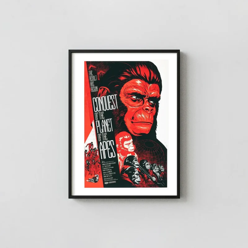 The Revolt Has Begun: Conquest of the Planet of the Apes Mondo Art Print by Phantom City Creative Movie Posters xe2x80x93 Portrait Frame Wall Art Mockup | MerchFuse